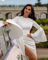 Simple O Neck Full Sleeves Satin Sheath Wedding Dresses Side Slit Pleat Custom Made Bridal Grown Rode Vestido De Noiva Beige